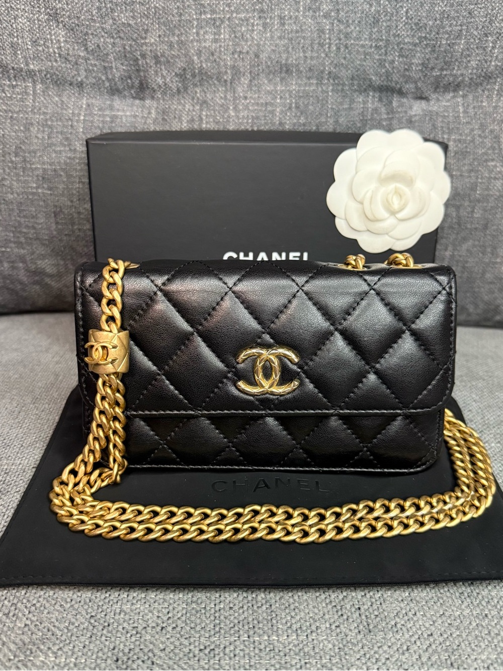 CHANEL CC lambskin clutch on chain pillow crush